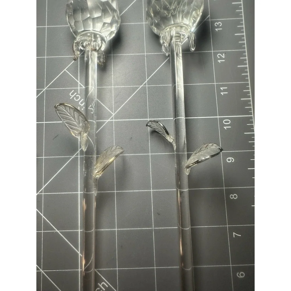 Set Of 4 Clear Glass Long Stem Roses Gold Silver Trim 14